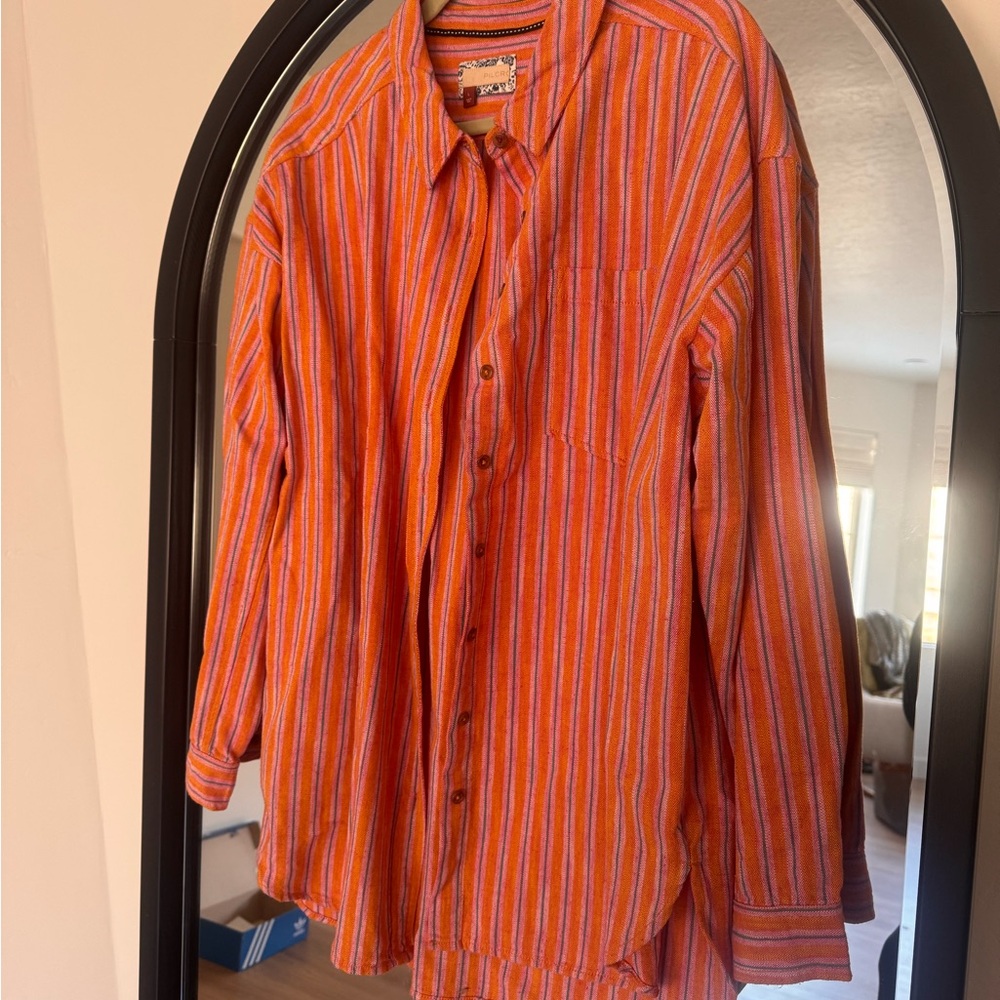 Pilcro Vibrant Orange and Blue Striped Shirt